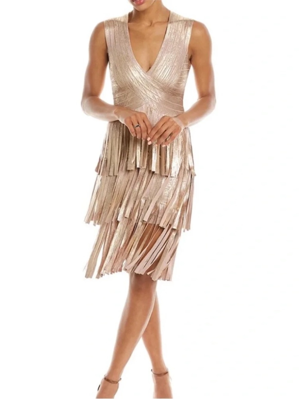Herve Leger THE METALLIC GRACIE MIDI DRESS ROSEGOLD NWT